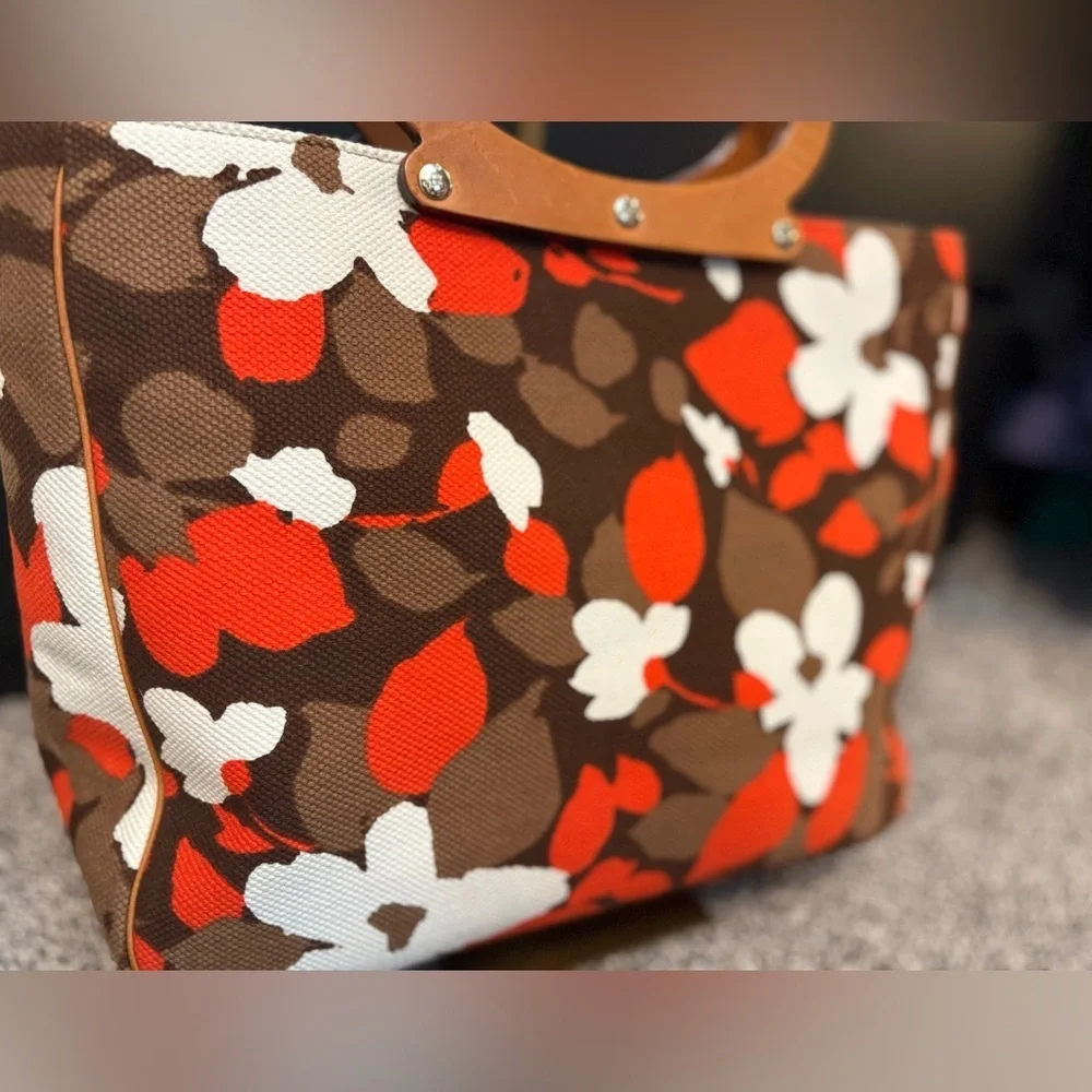 kate spade vintage Brown Orange Cream Floral Canvas Tote with Leather handles!